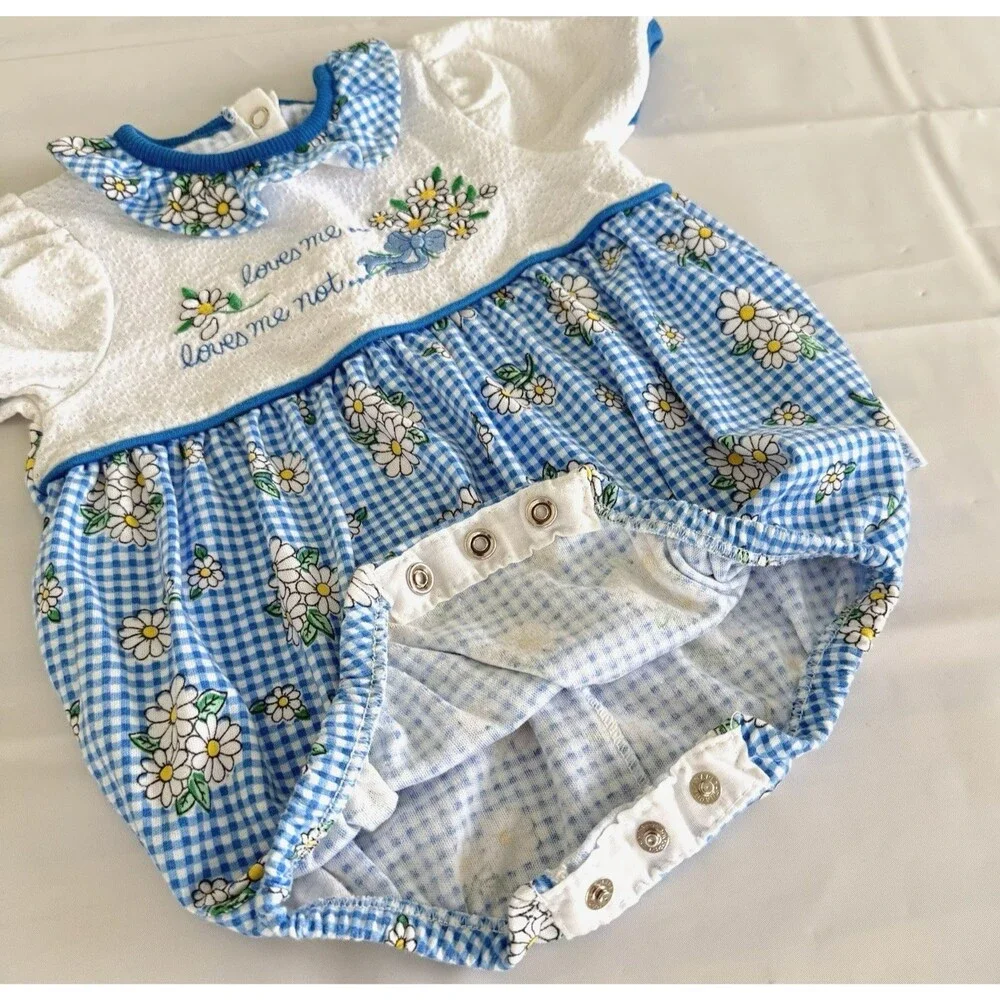 Vtg 90s Healthtex Baby Girls 6-9M Bubble Romper Daisy Flower Blue Gingham USA